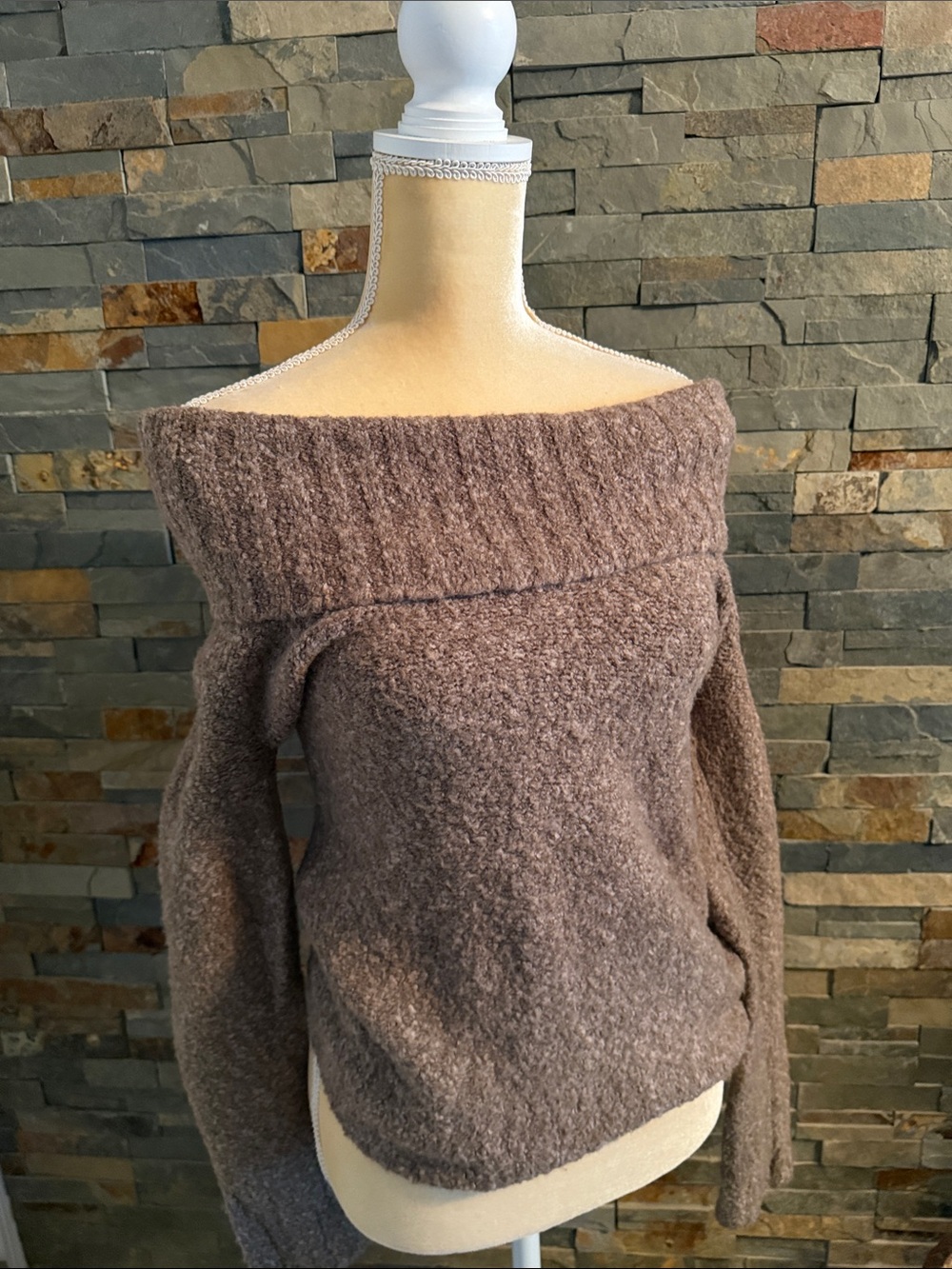 Moda International Taupe Off-the-Shoulder Bouclé Sweater